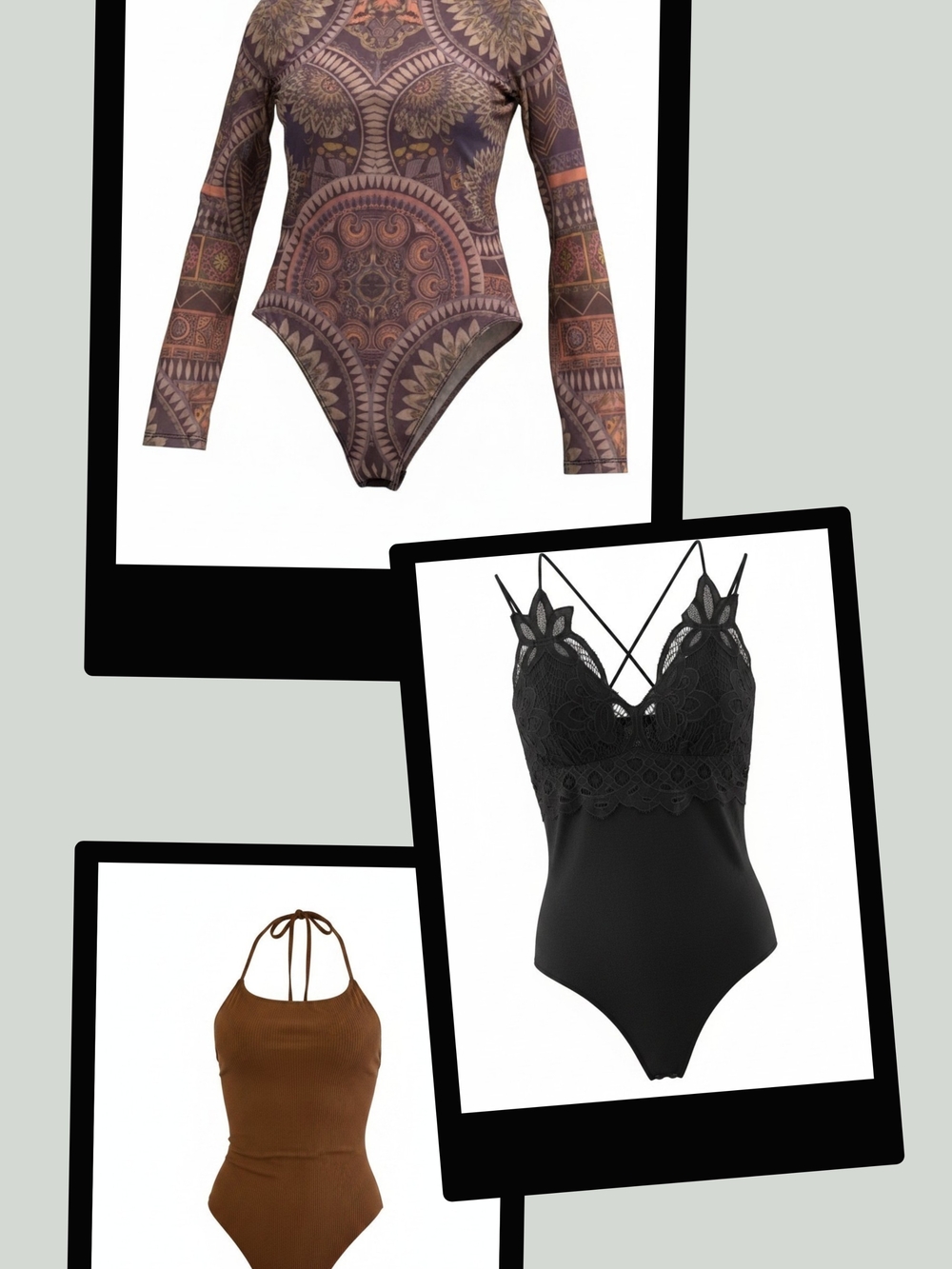 Women's Bodysuit Bundle – Set of 3 (Boho Print, Lace V-Neck & Ribbed Halter)